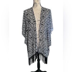 Op Coverup Womens L Black White Kimono Fringe Geometric Sheer Ikat Southwestern